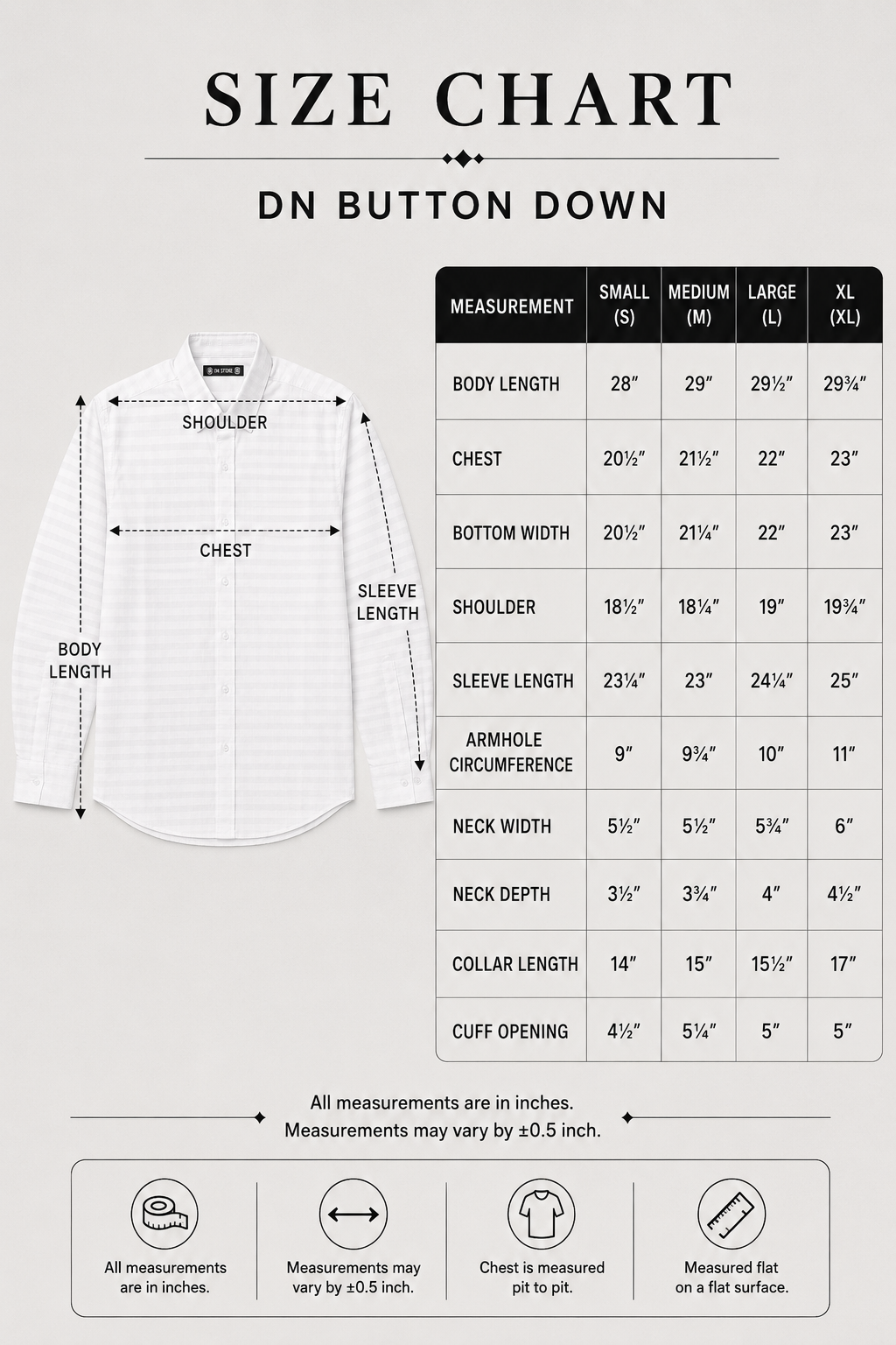 Ivory Textured Shirt size chart