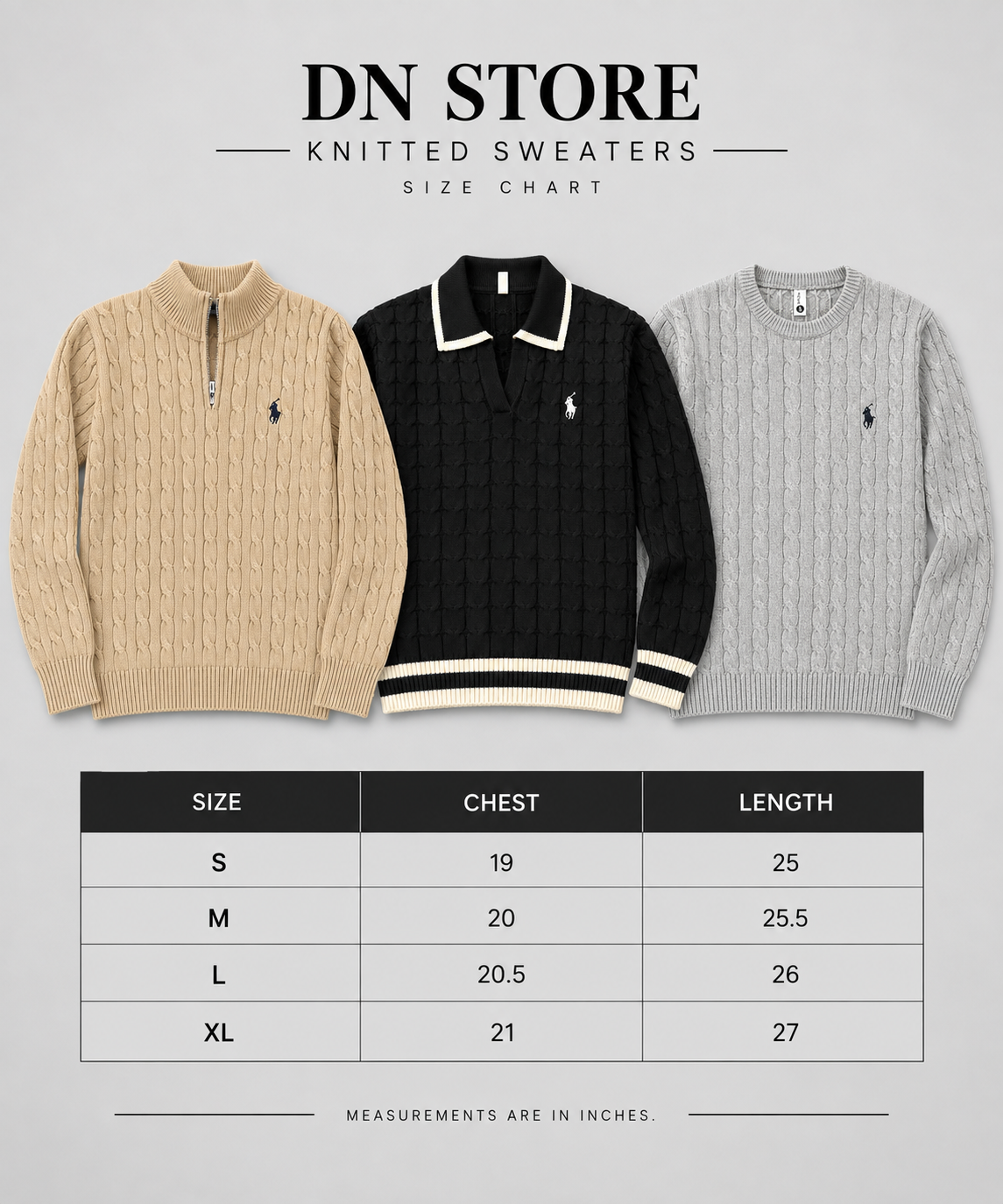 Knitted Quarter Zip Sweater size chart