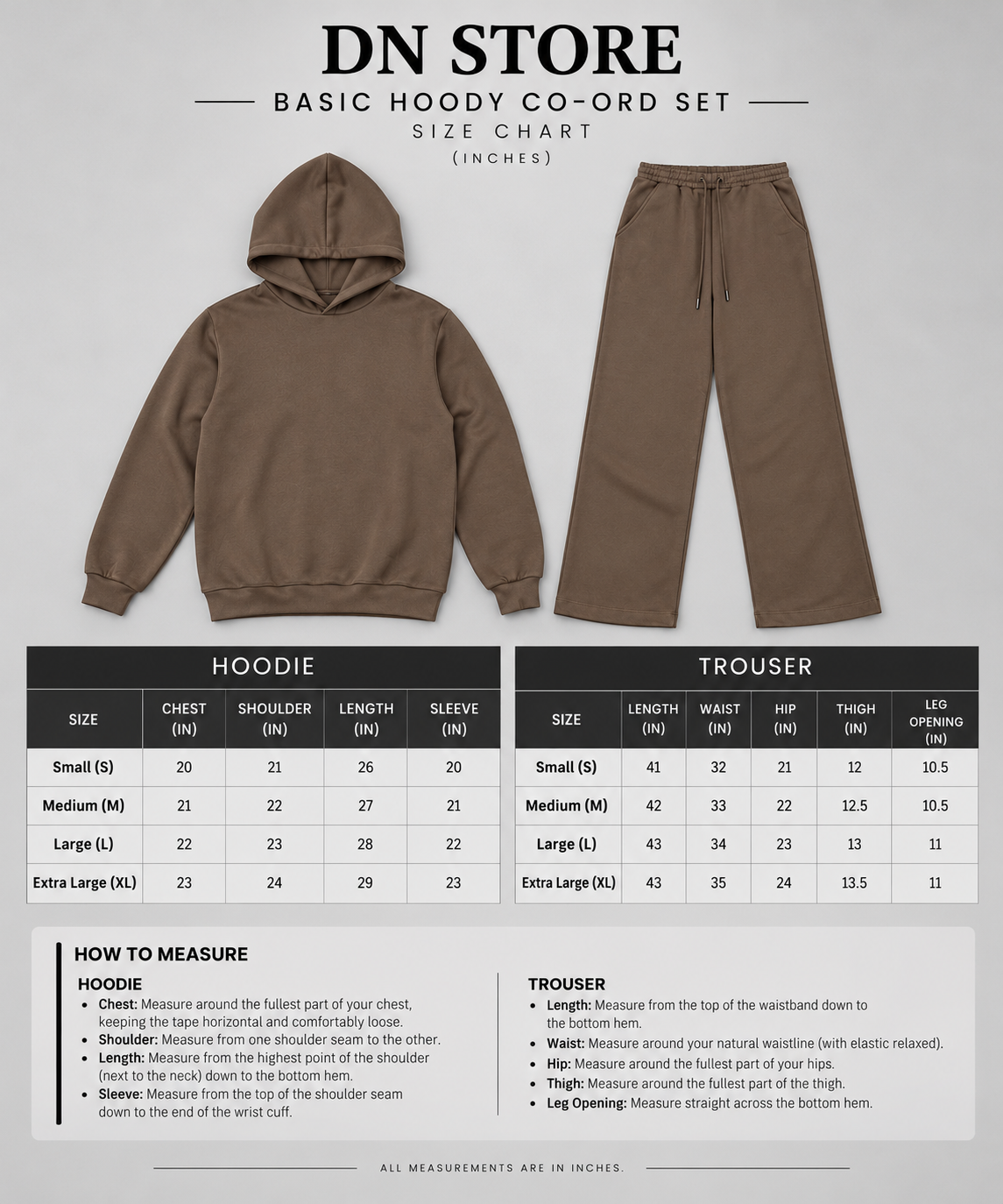 Basic hoodie Co-ord set size chart